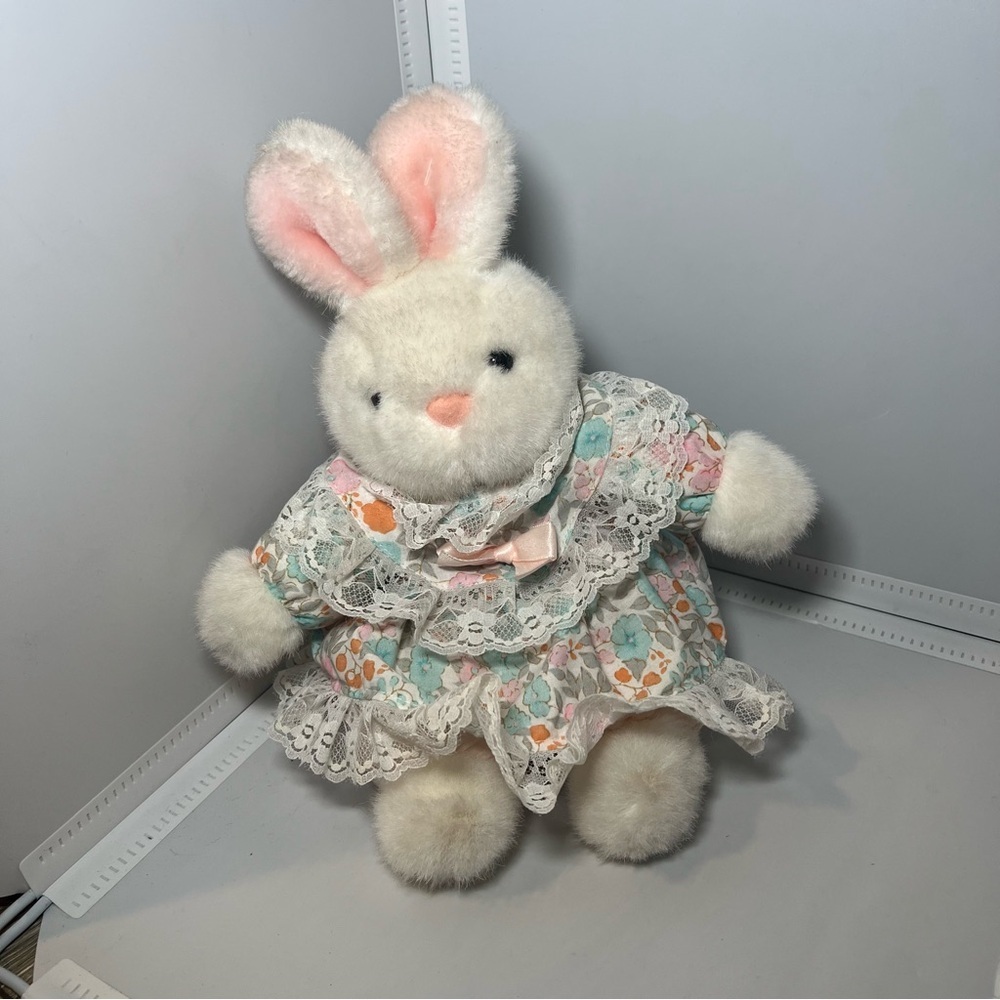 Vintage Fiesta Dressed 9” Bunny Seated Plush In Floral Outfit.